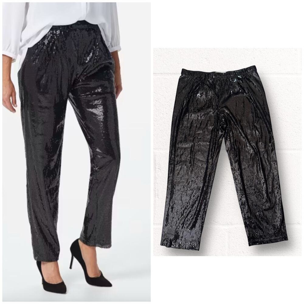 Rubin Singer Studio black all over sequin pull up pants, size XL